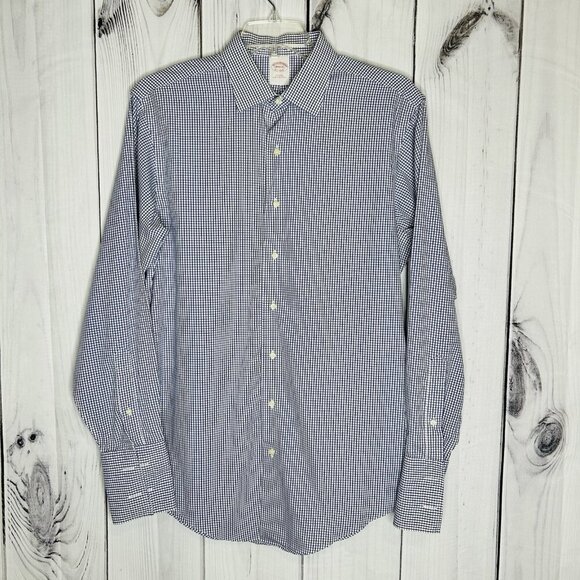 Brooks Brothers Makers Oxford Button Up Shirt Sz L Blue White Check French Cuff - Picture 1 of 8